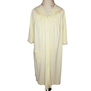 Vintage ShadowLine Robe Women M Yellow Short Sleeve Button Down Lace Trim Pocket